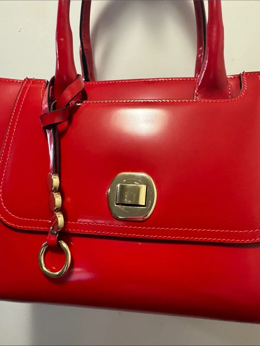 Red Structured Top-Handle Satchel with Gold Accents(13)
